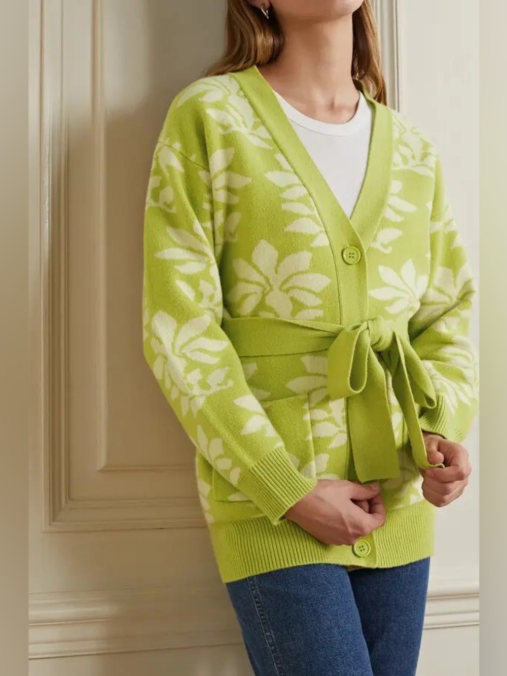 $475 RHODE “Cheri” Wool Cardigan in Loves Me Not Chartreuse Sz Small